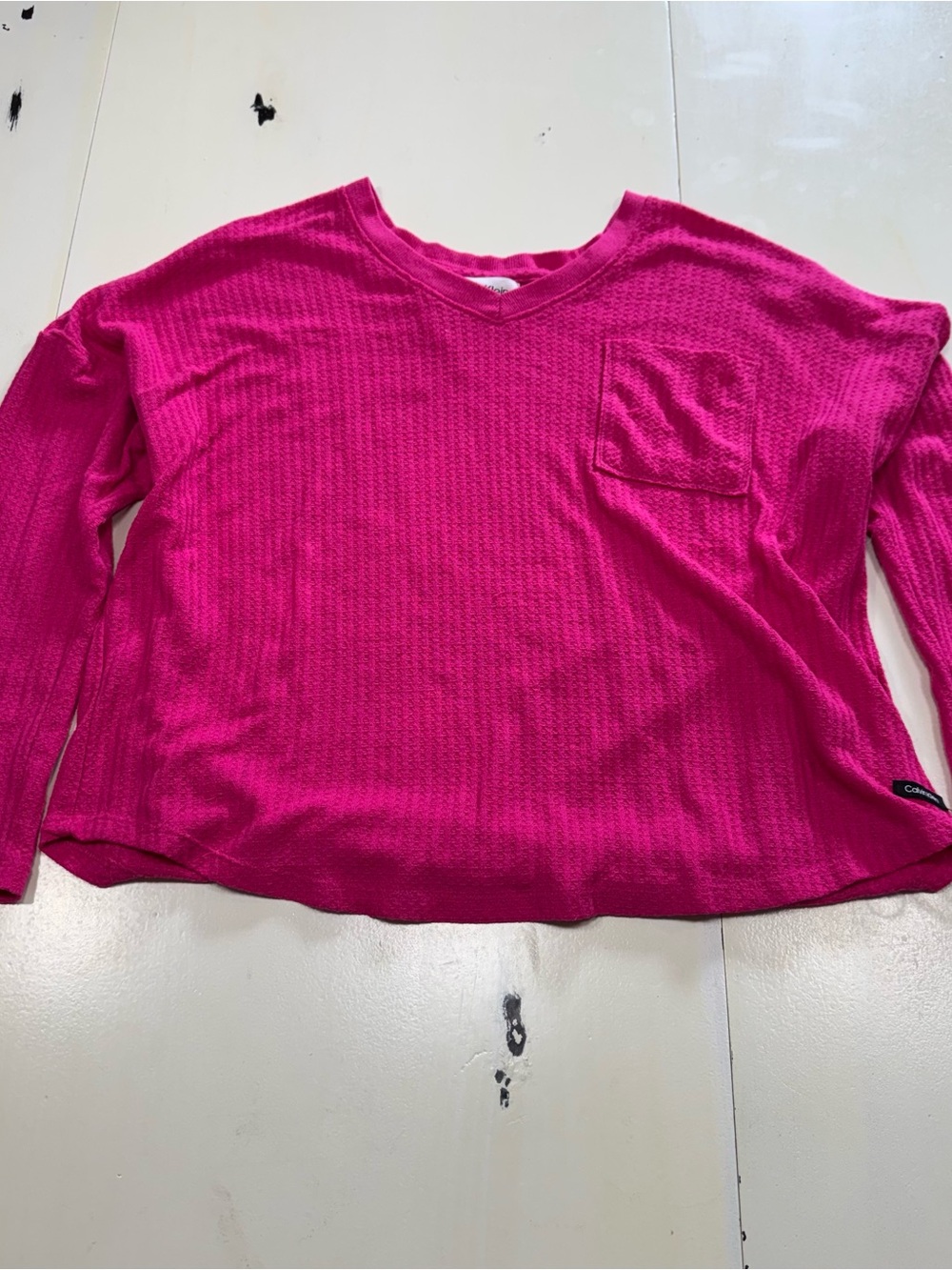 Calvin Klein Women's Hot Pink Waffle Knit Long Sleeve Pocket Top (Medium)